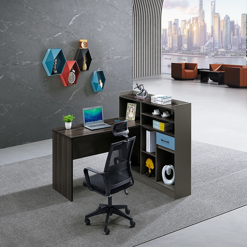 Factory price Dark gray wood minimalist office desk with storage and bookcase