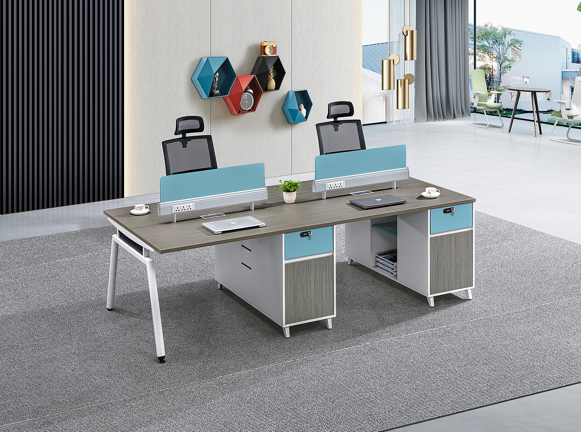 China factory wholesale blue tan color block fashion staff desk for 4 person